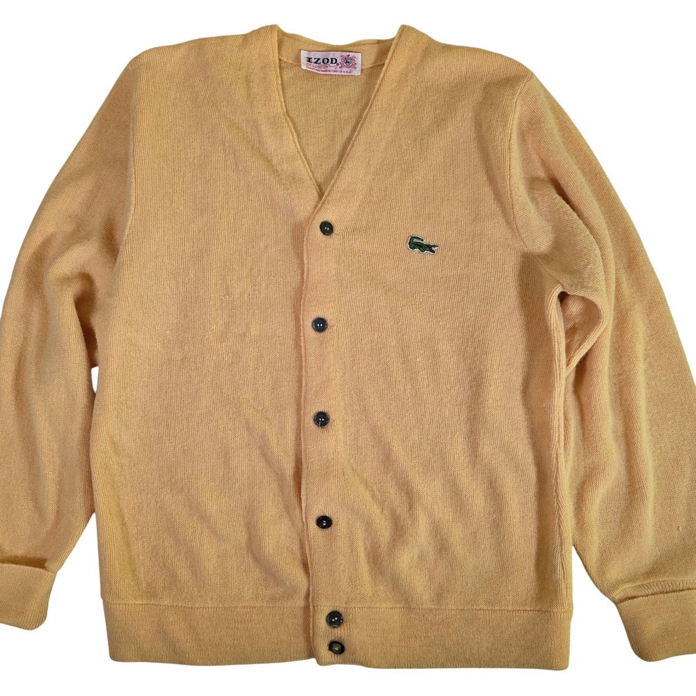 Vtg 60s IZOD Lacoste Mens M Yellow Cardigan Sweater V-Neck USA Made Tennis Prep